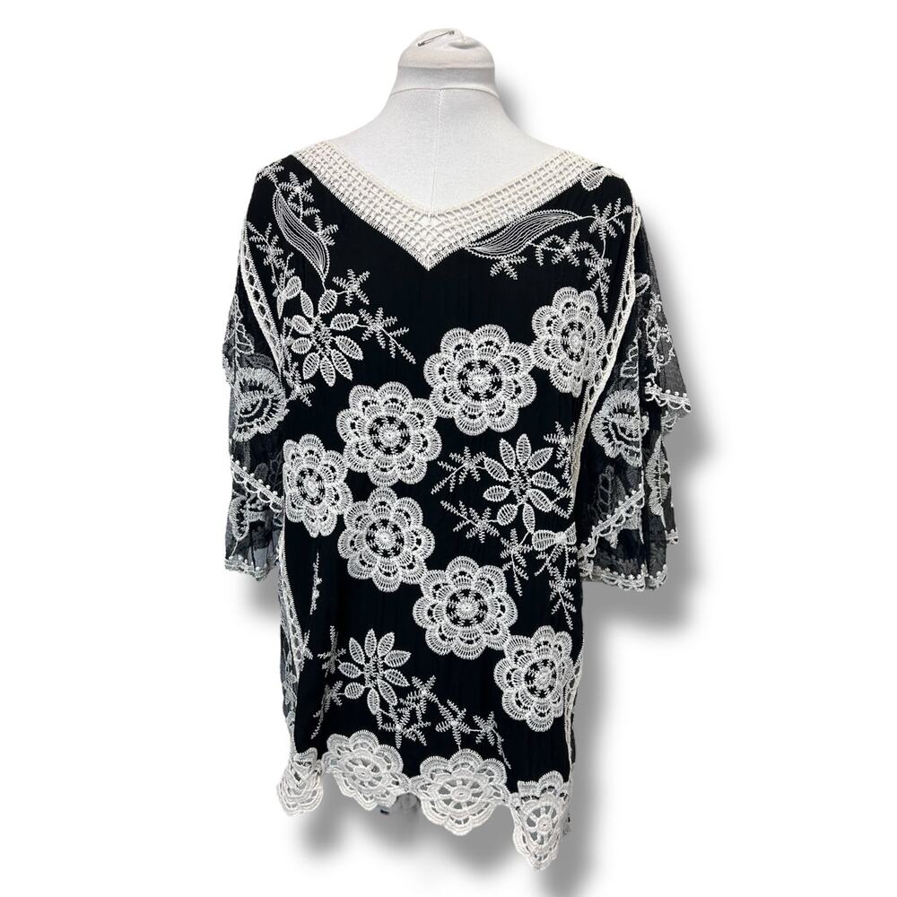 Sapphire Womens Tunic Top Crochet Lace Butterfly Wing Net Black Large Pullover L